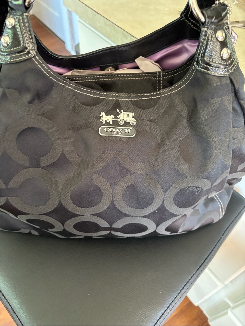 Coach Black Signature Jacquard Shoulder Bag with Purple Lining